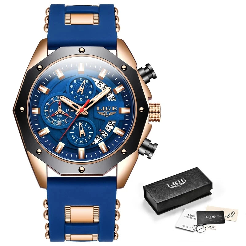 LIGE Brand Watch Men Silcone Sports Watches Men's Army Military Quartz Wristwatch Chronograph Male Clock Relogio Masculino+BOX