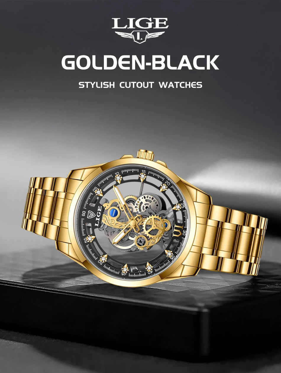 LIGE New Fashion Mens Watches Top Brand Luxury Hollow Watch Men Military Sports Waterproof Quartz Watch For Men Montre Homme+BOX