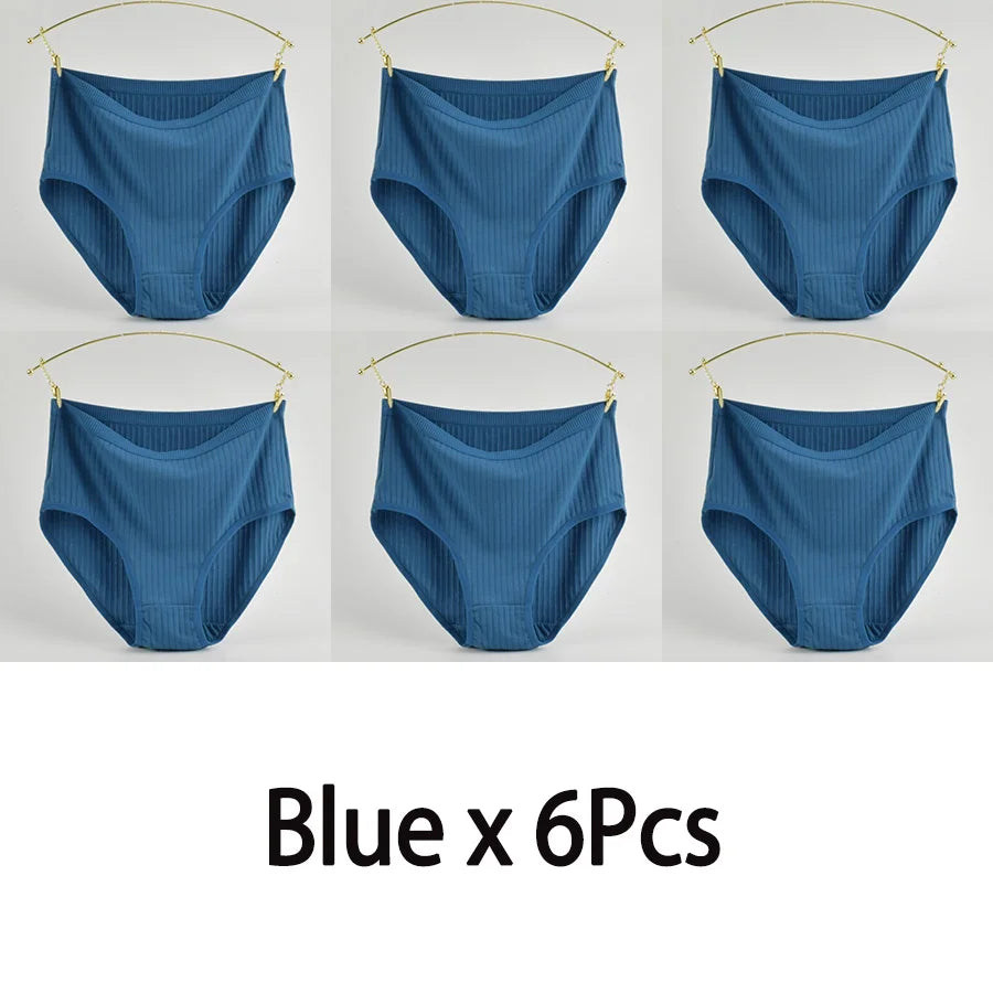 Women's High Waist Cotton Underwear Panties Striped Knitted Soft Breathable Underpants Intimate Lingerie Female Briefs Woman