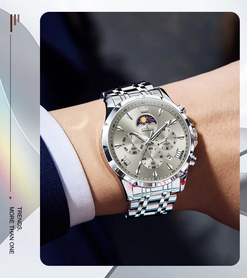 OLEVS Top Moon Phase Fashion Men's Watches Stainless steel Waterproof Quartz Watch for Man Calendar Luminous Daily Wristwatch