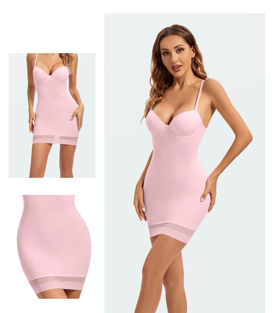 S-XXL Size Full Length Control Slips Women Shapewear Underwear Dress With Underwire Cup Body Shapers Black Beige