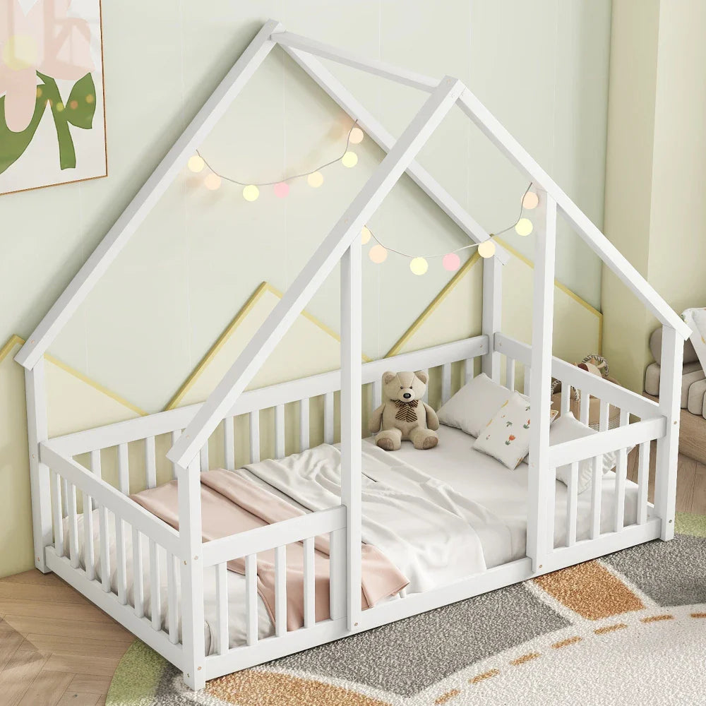 Twin House Floor Bed with Fence