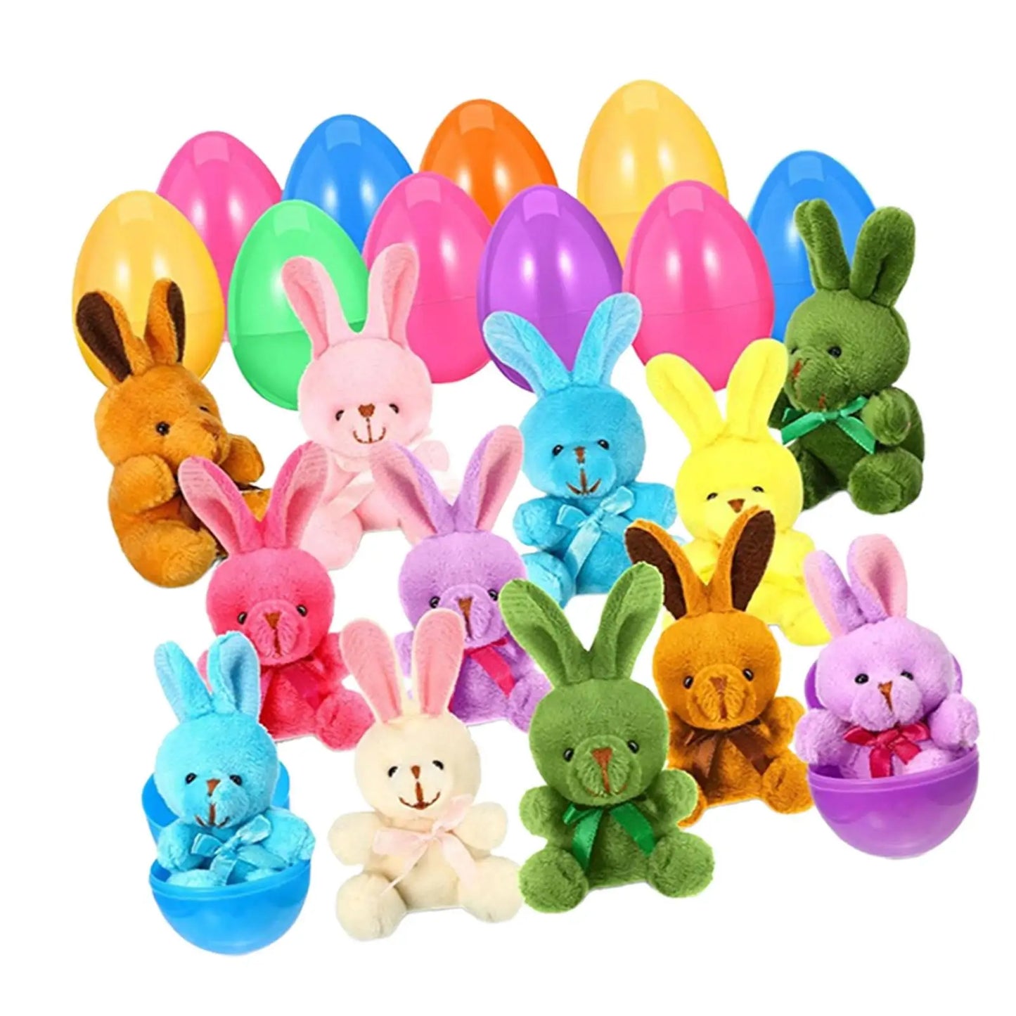 12Pcs Prefilled Easter Eggs with Plush Bunny Toys Gift Stuffed Animals Rabbits for Carnival Prizes Kids Classroom Rewards Adults