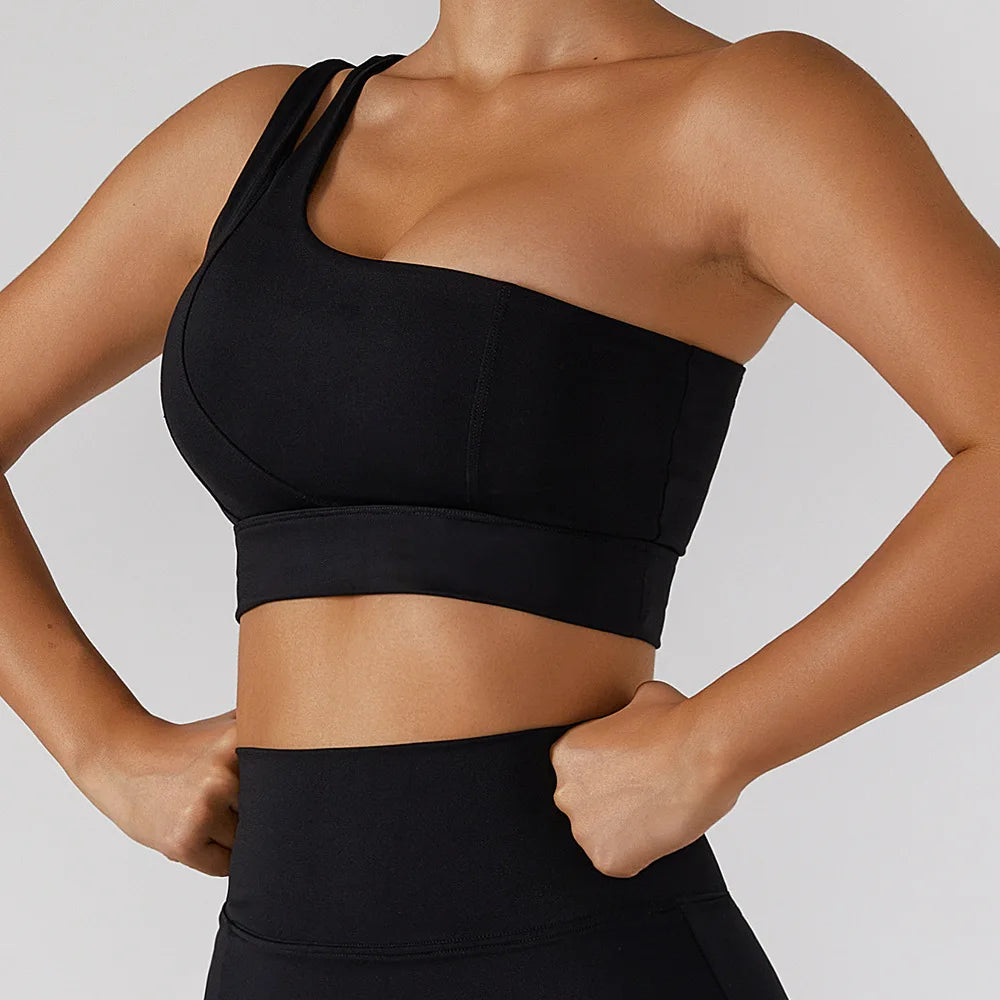 Sexy Women's Sports One Shoulder Bra Gym Push Up Workout Underwear High Strength Support Running Fitness Bra Vest