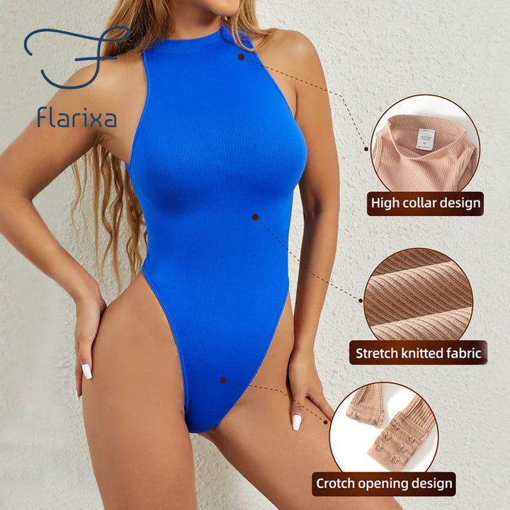 Flarixa Seamless Tummy Control Shapewear Women Thong Fajas Body Shaper High Collar Sleeveless Bodysuits Slimming Lingerie