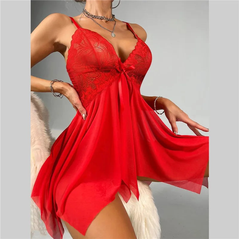 Summer Sling Women Pajamas Dress Temptation Sexy Lingerie Lace Tight Corset Babydolls Transparent Erotic Sleepwear Underwear Set