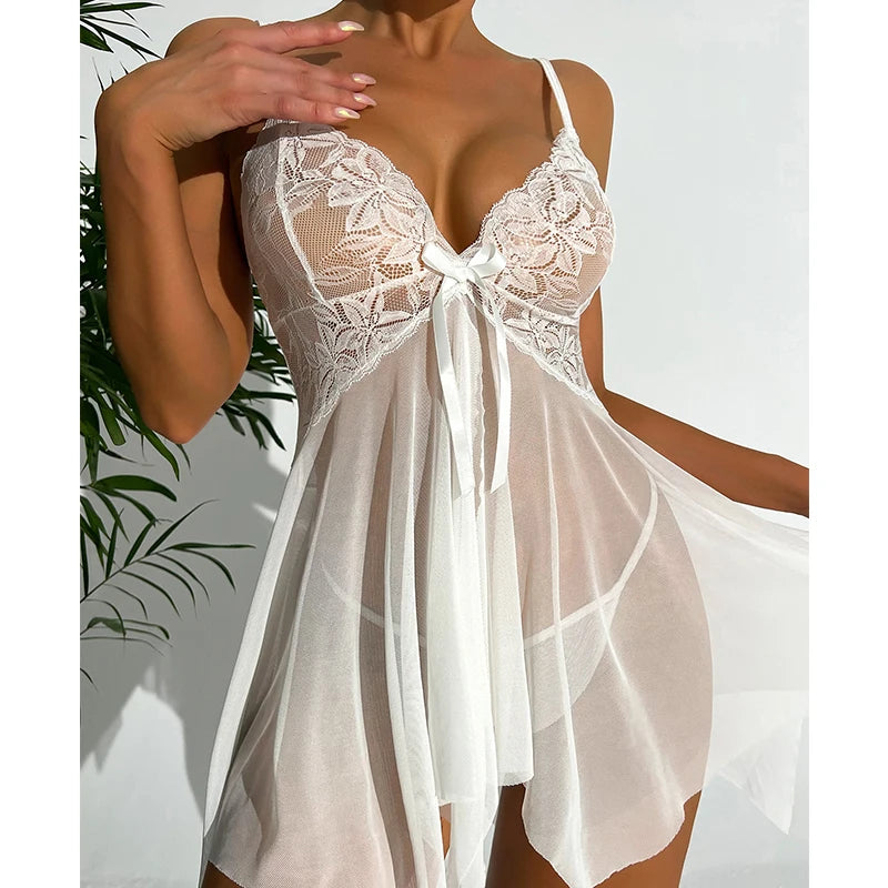Summer Sling Women Pajamas Dress Temptation Sexy Lingerie Lace Tight Corset Babydolls Transparent Erotic Sleepwear Underwear Set
