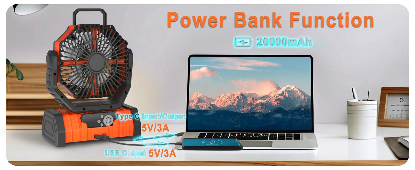 20000mAh High-Capacity Battery LED Light Camping Fan Movable Wireless Air Circulators Outdoor Ventilador with Hook