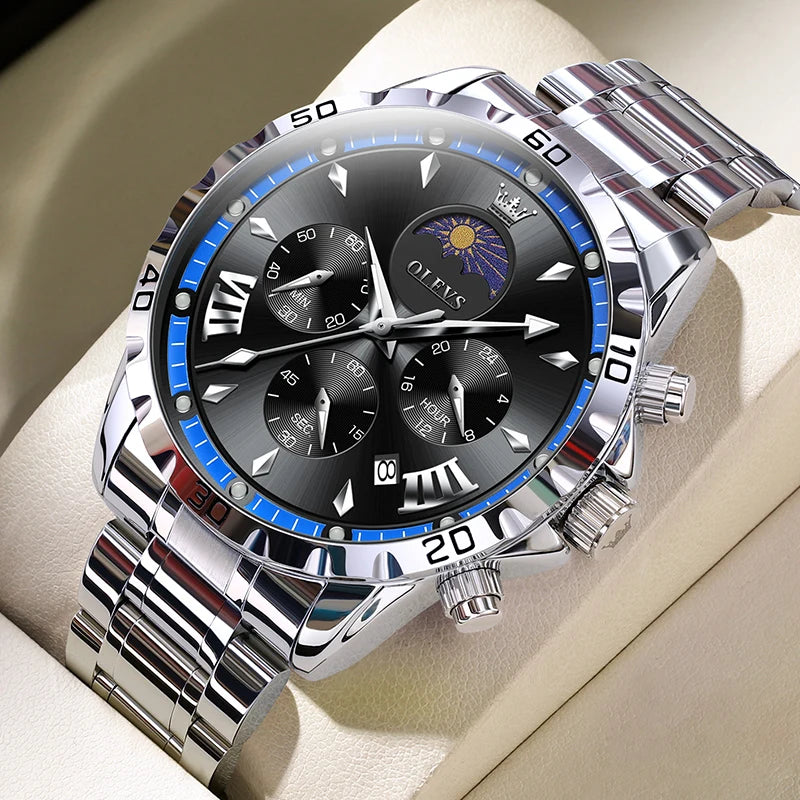 OLEVS Original Moon Phase Men Watches Luminous Skeleton Waterproof Quartz Watch Calendar Chronograph Stainless Steel Wristwatch