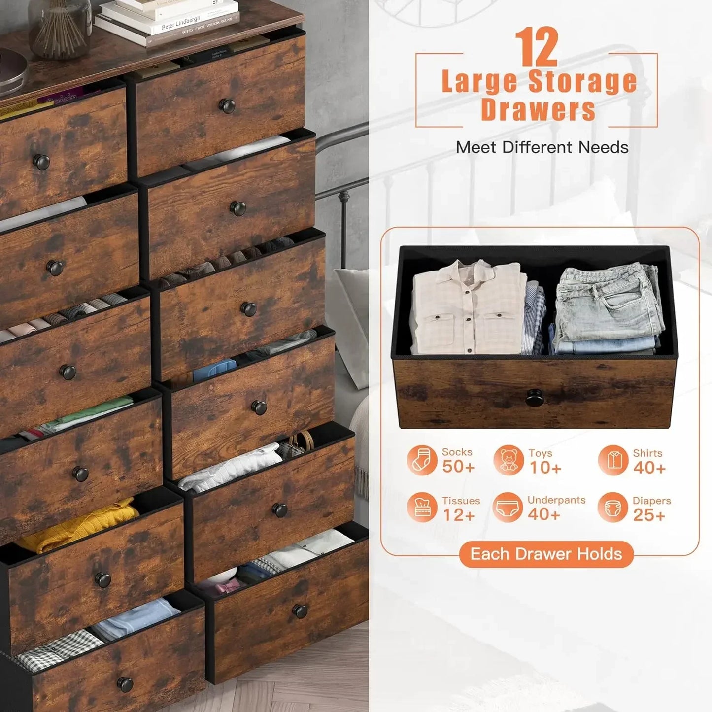 12-Drawer Tall Dresser with Wood Top