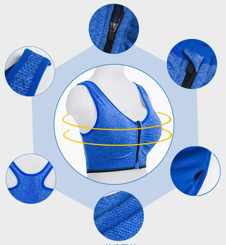 Front Zipper Sport Bra Gym top Breathable Brassiere Yoga Workout Running Vest Women's Underwear Shockproof Running Fitness Bra