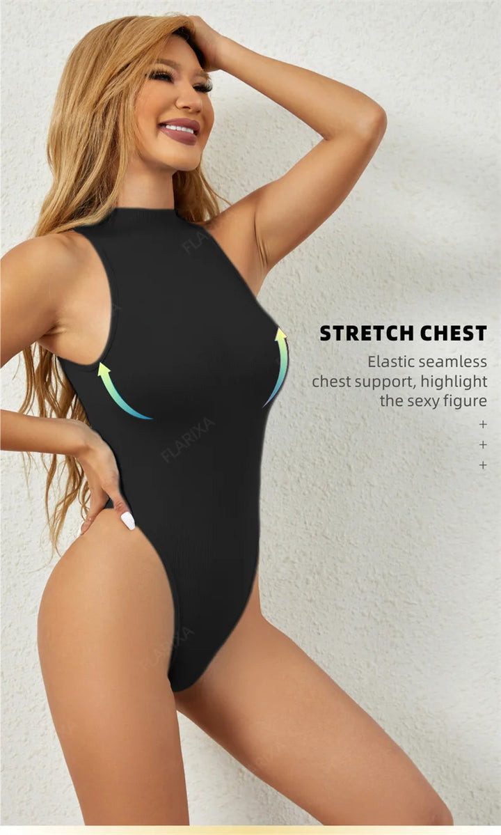 Flarixa Seamless Tummy Control Shapewear Women Thong Fajas Body Shaper High Collar Sleeveless Bodysuits Slimming Lingerie