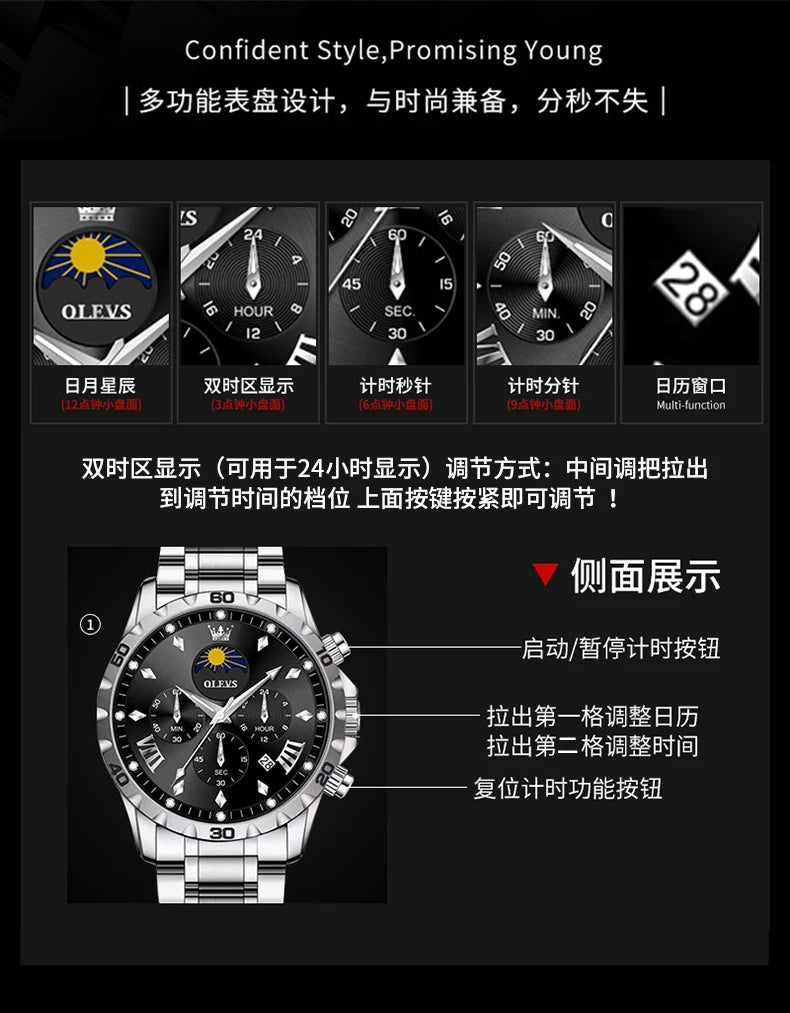OLEVS Original Moon Phase Men Watches Luminous Skeleton Waterproof Quartz Watch Calendar Chronograph Stainless Steel Wristwatch