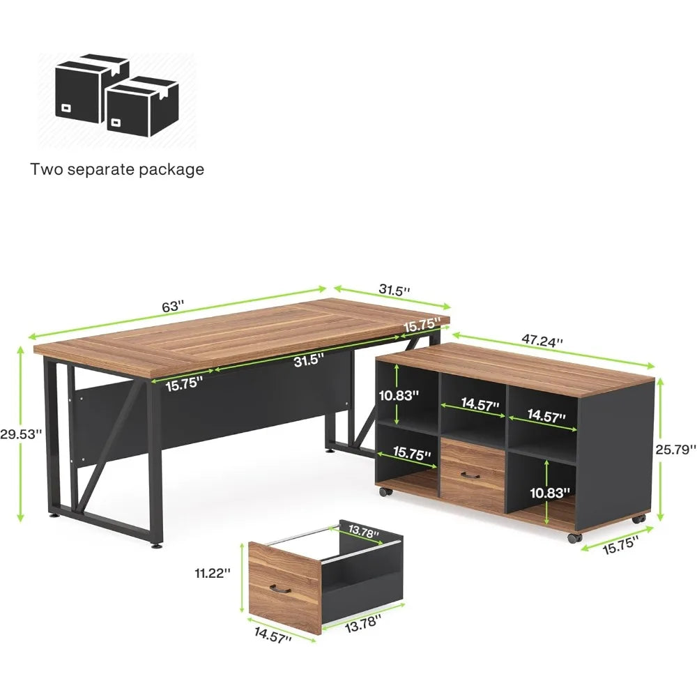 Executive L-Shaped Office Desk with File Cabinet