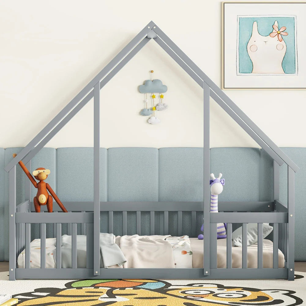 Twin House Floor Bed with Fence