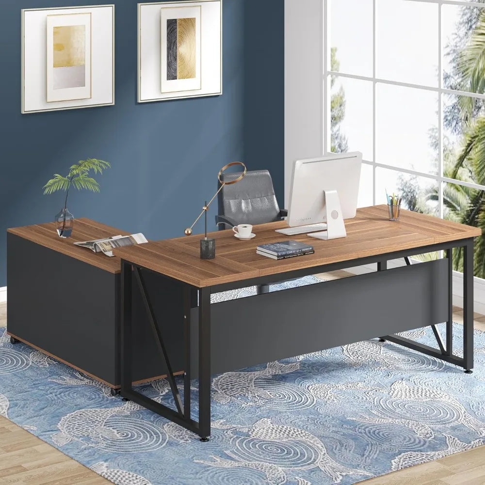 Executive L-Shaped Office Desk with File Cabinet