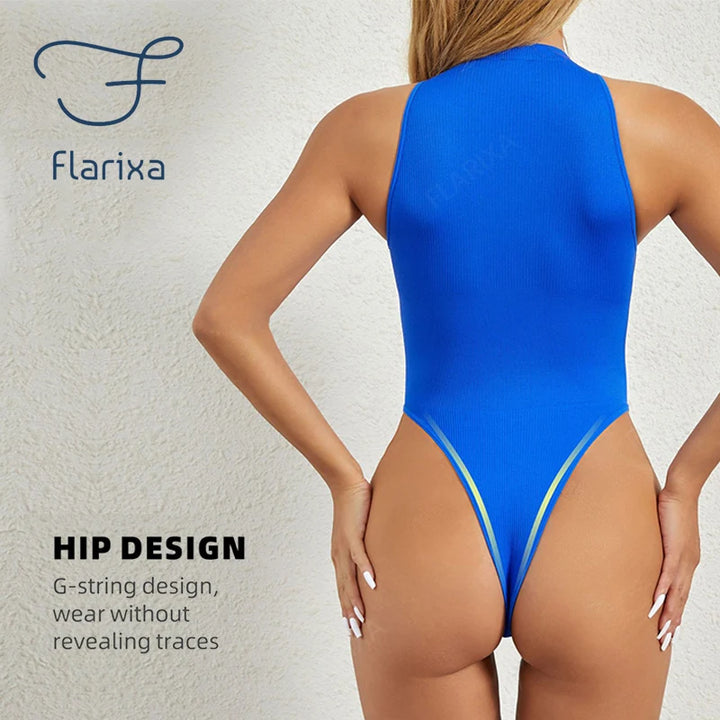 Flarixa Seamless Tummy Control Shapewear Women Thong Fajas Body Shaper High Collar Sleeveless Bodysuits Slimming Lingerie