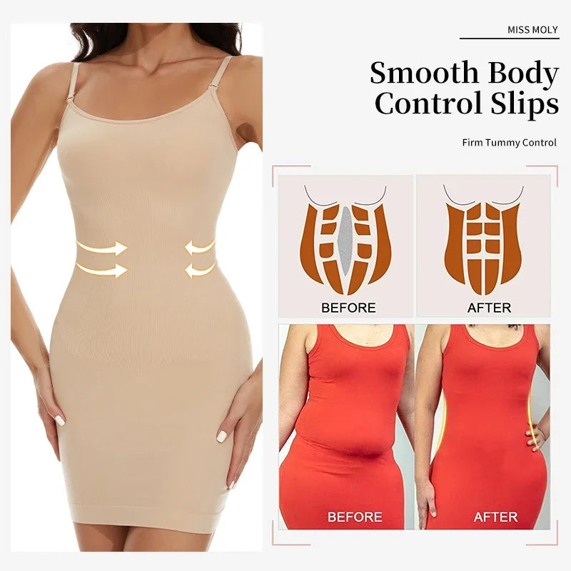 Women Shapewear Full Slip Tummy Control Crew Neck Cami Mini Under Dress Smooth Body Shaper New Spaghetti Straps Lingerie
