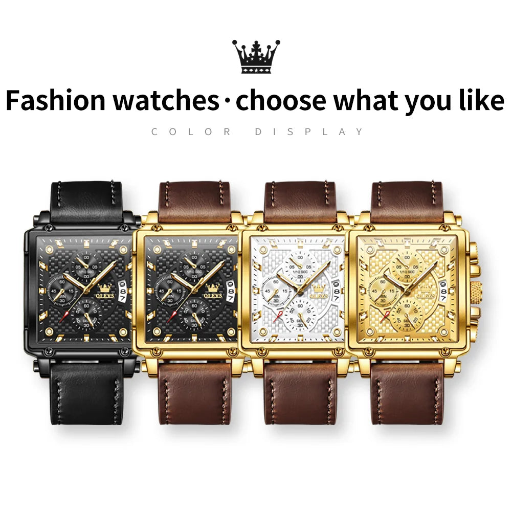 OLEVS Men's Top Brand Square Quality Quartz Wristwatch Chronograph Waterproof Original Watch for Man Luminous Date Luxury