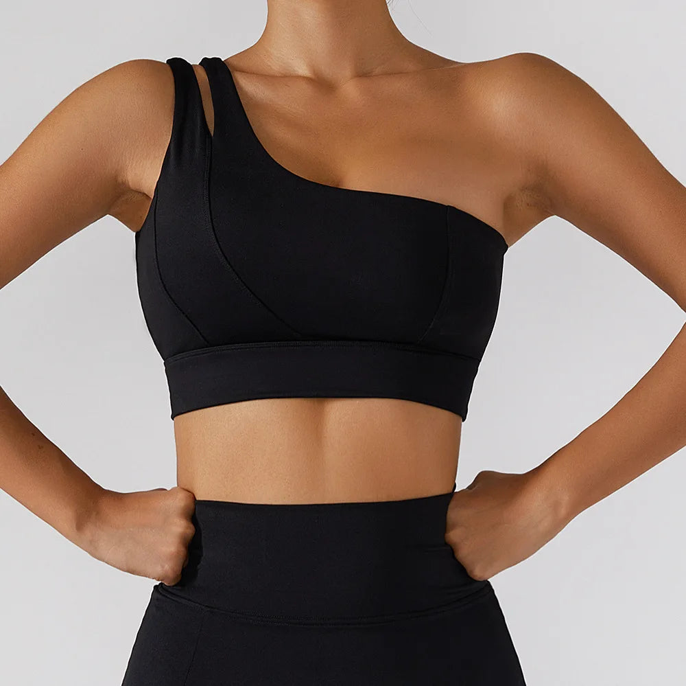 Sexy Women's Sports One Shoulder Bra Gym Push Up Workout Underwear High Strength Support Running Fitness Bra Vest