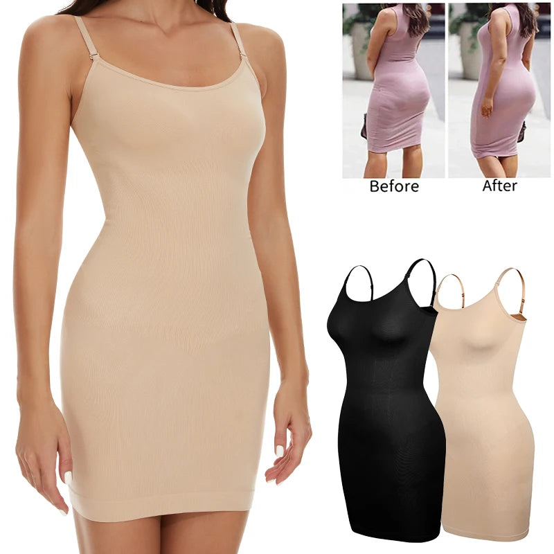 Women Shapewear Full Slip Tummy Control Crew Neck Cami Mini Under Dress Smooth Body Shaper New Spaghetti Straps Lingerie