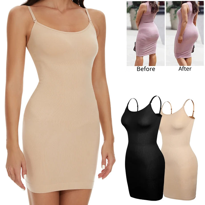 Women Shapewear Full Slip Tummy Control Crew Neck Cami Mini Under Dress Smooth Body Shaper New Spaghetti Straps Lingerie