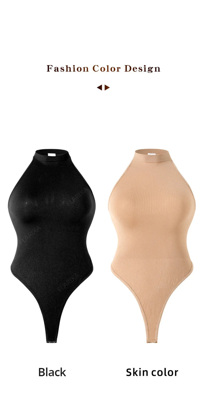 Flarixa Seamless Tummy Control Shapewear Women Thong Fajas Body Shaper High Collar Sleeveless Bodysuits Slimming Lingerie
