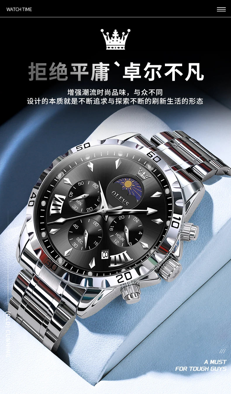OLEVS Original Moon Phase Men Watches Luminous Skeleton Waterproof Quartz Watch Calendar Chronograph Stainless Steel Wristwatch