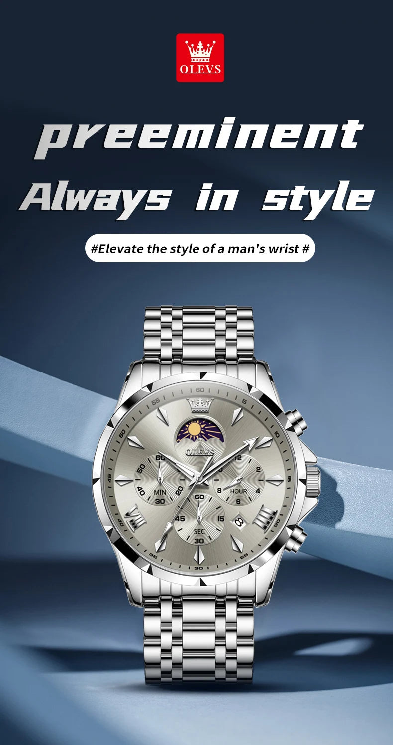 OLEVS Top Moon Phase Fashion Men's Watches Stainless steel Waterproof Quartz Watch for Man Calendar Luminous Daily Wristwatch
