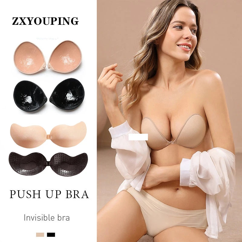 Sexy Sujetador Women's Bra Invisible Push Up Bra Self-Adhesive Silicone Seamless Front Closure Sticky Backless Strapless Bras