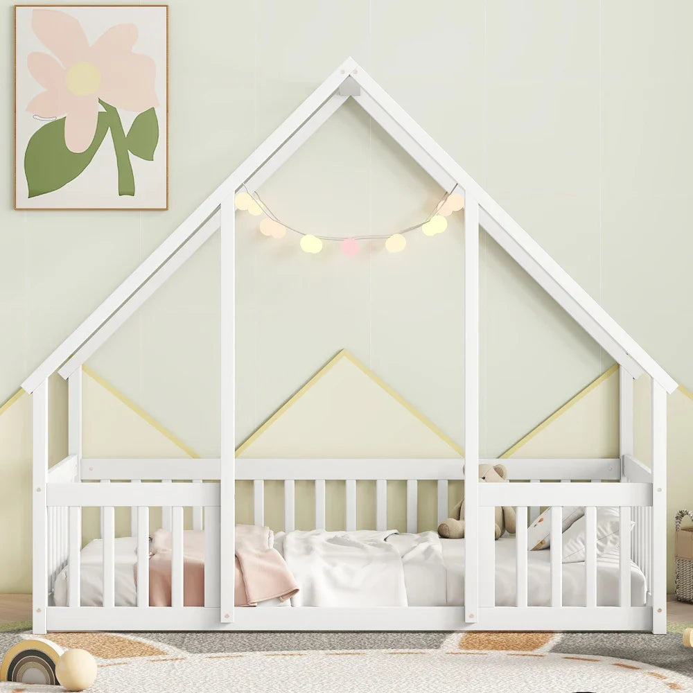 Twin House Floor Bed with Fence