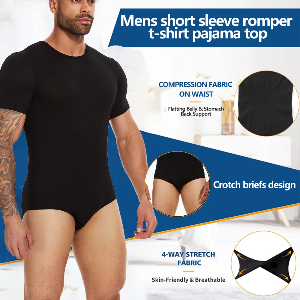 Mens Short Sleeve Full Body Shaper Bodysuit Tummy Control Romper Pajamas Waist Trainer Slimming Shapewear Underwear Undershirts