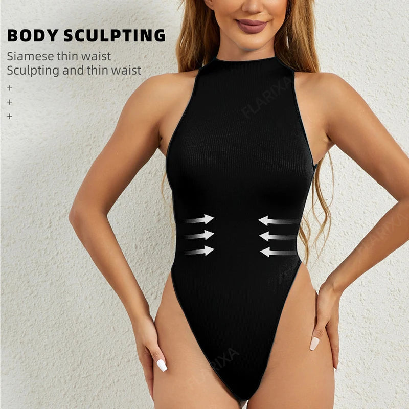 Flarixa Seamless Tummy Control Shapewear Women Thong Fajas Body Shaper High Collar Sleeveless Bodysuits Slimming Lingerie