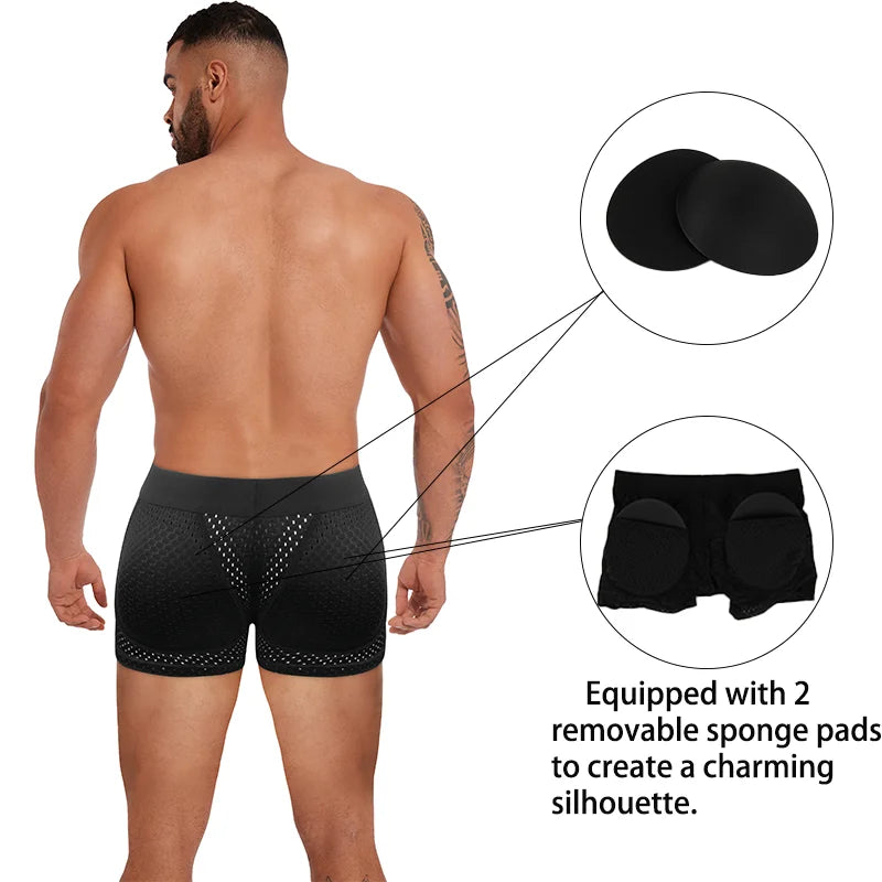 Men's Sexy Boxer Fake Butt Hip Lifter Enhancer Short Removable Padded Underwear Soft Shapewear High Stretch Underpant Mesh Brief