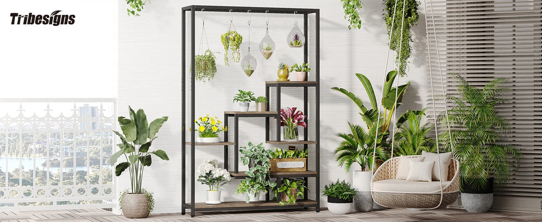 Tribesigns 5 Tiers Tall Indoor Plant Stand 70.9 inches Large Metal Plant Shelf with 10 PC S Hanging Hooks for Garden