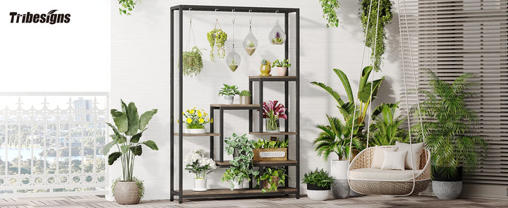 Tribesigns 5 Tiers Tall Indoor Plant Stand 70.9 inches Large Metal Plant Shelf with 10 PC S Hanging Hooks for Garden