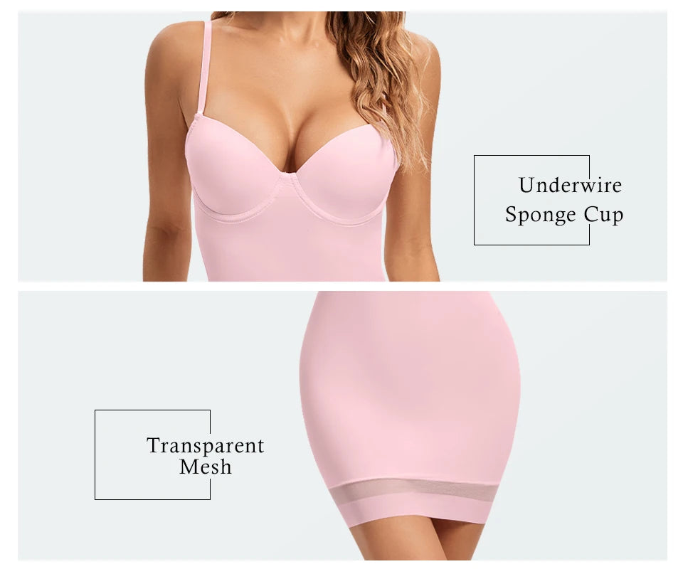 S-XXL Size Full Length Control Slips Women Shapewear Underwear Dress With Underwire Cup Body Shapers Black Beige