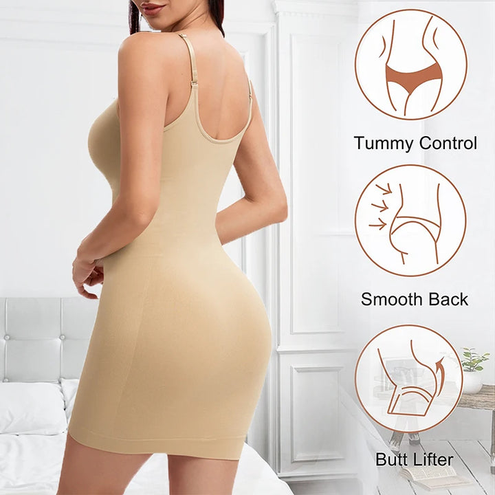 Sexy Full Slip Shapewear Women Dress V Neck Bodycon Underwear Smooth Compression Body Shaper Slimming Waist Abdomen Belly Corset