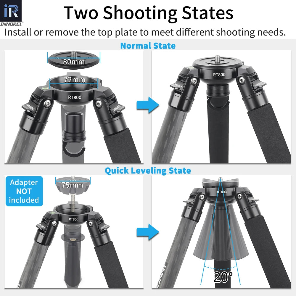 INNOREL RT80C Carbon Fiber Camera Tripod Professional Birdwatching Heavy Duty Tripod 75mm Bowl Adapter for DSLR Video Camcorder
