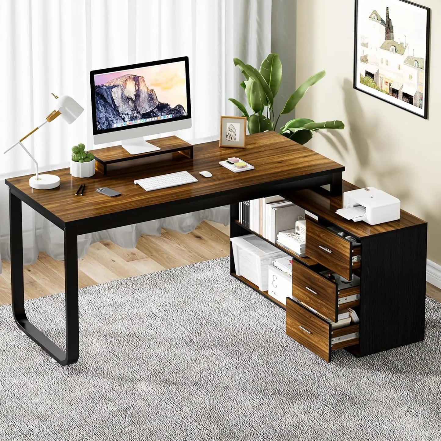 L-Shaped Office Desk with Drawers