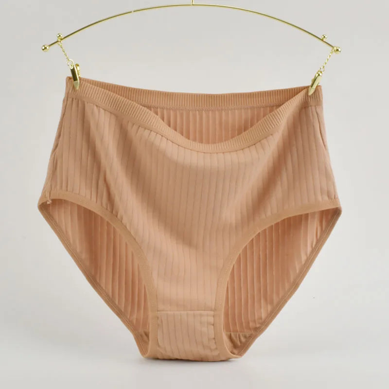 Women's High Waist Cotton Underwear Panties Striped Knitted Soft Breathable Underpants Intimate Lingerie Female Briefs Woman