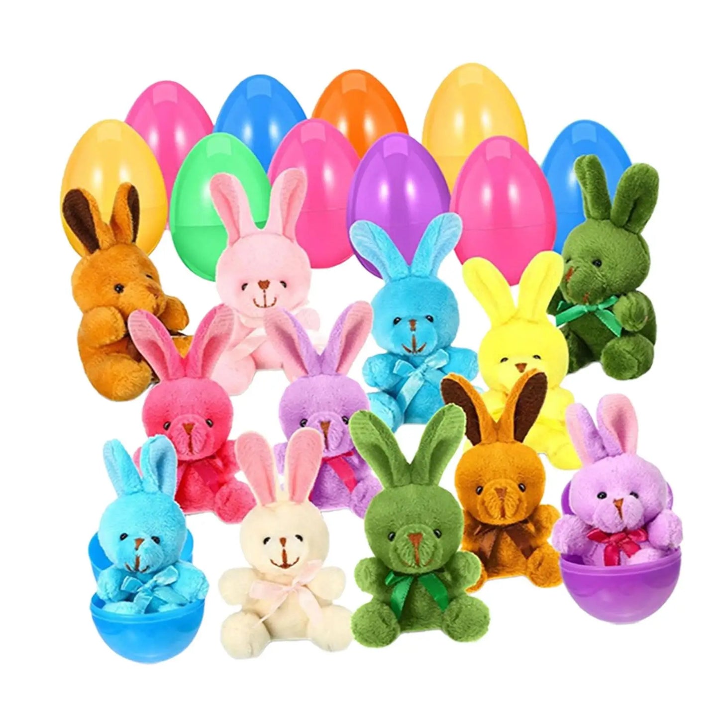 12Pcs Prefilled Easter Eggs with Plush Bunny Toys Gift Stuffed Animals Rabbits for Carnival Prizes Kids Classroom Rewards Adults