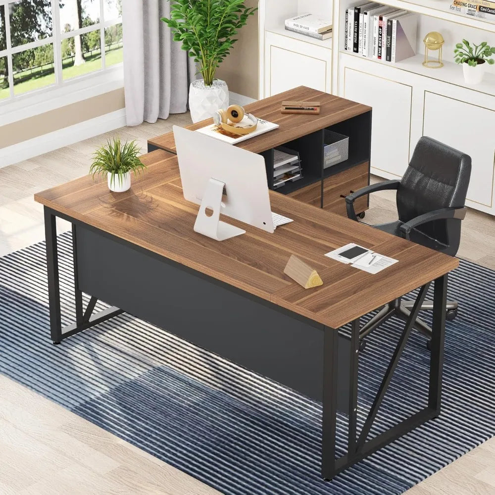 Executive L-Shaped Office Desk with File Cabinet