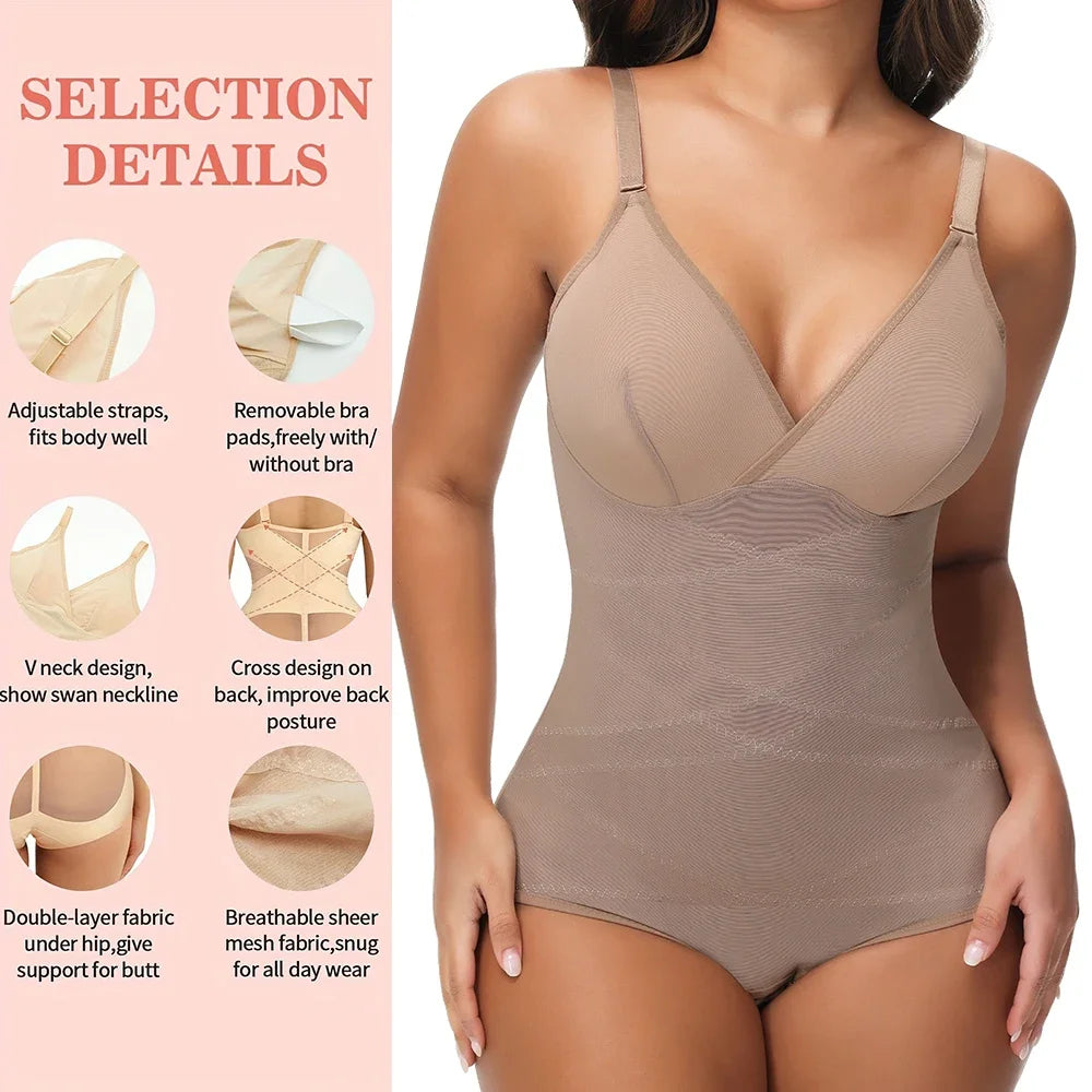 Cross Waist Bodysuit Sexy Women Briefs Shapewear with Film Coaster Mesh Breathable Suspender Top Tummy Control Ladies Underwear