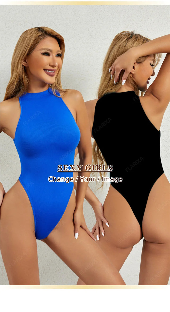Flarixa Seamless Tummy Control Shapewear Women Thong Fajas Body Shaper High Collar Sleeveless Bodysuits Slimming Lingerie