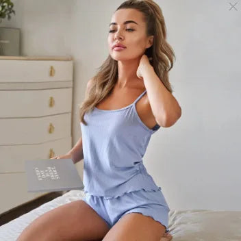 Pajamas Suit Ruffle Hem Women's Ribbed Cami Pajama Set with Elastic Waist Shorts Lounge Sleepwear for Home for Relaxing