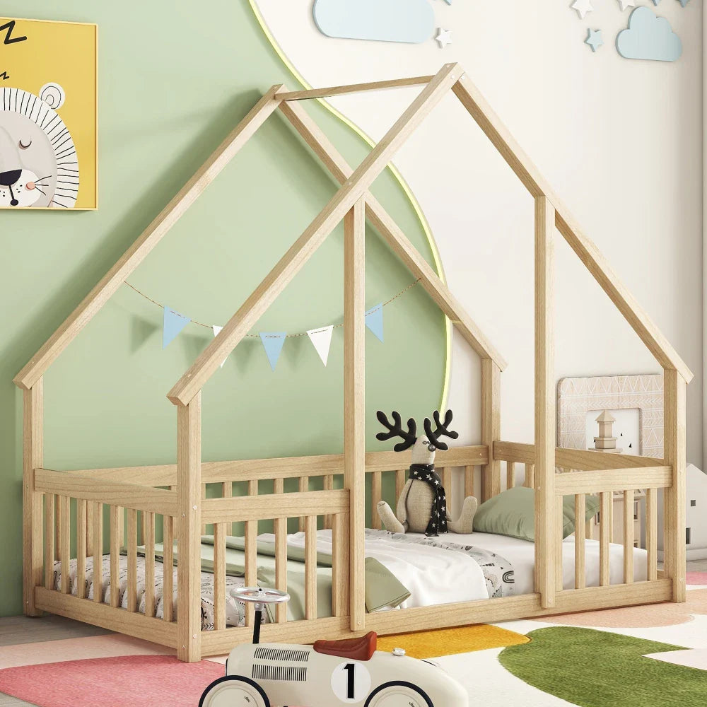 Twin House Floor Bed with Fence