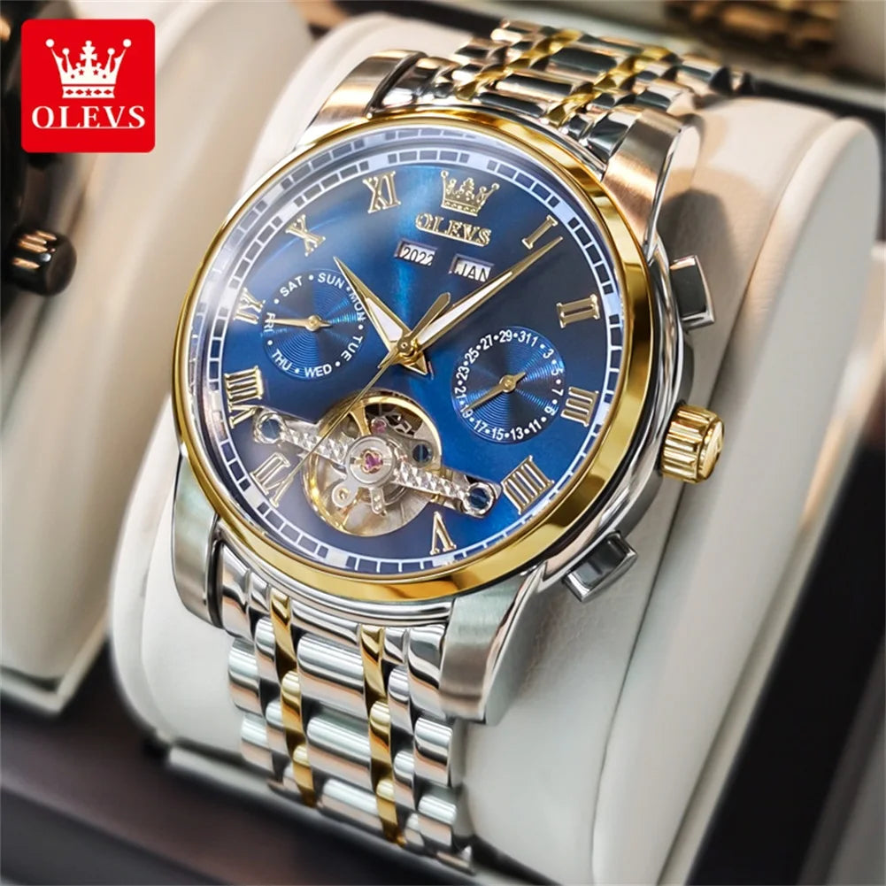 OLEVS Brand Automatic Mechanical Men Watches Waterproof Stainless Steel Strap Watch for Man Skeleton Calendar Hollow out Design