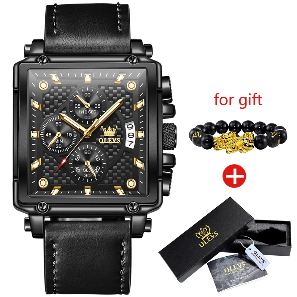 OLEVS Men's Top Brand Square Quality Quartz Wristwatch Chronograph Waterproof Original Watch for Man Luminous Date Luxury