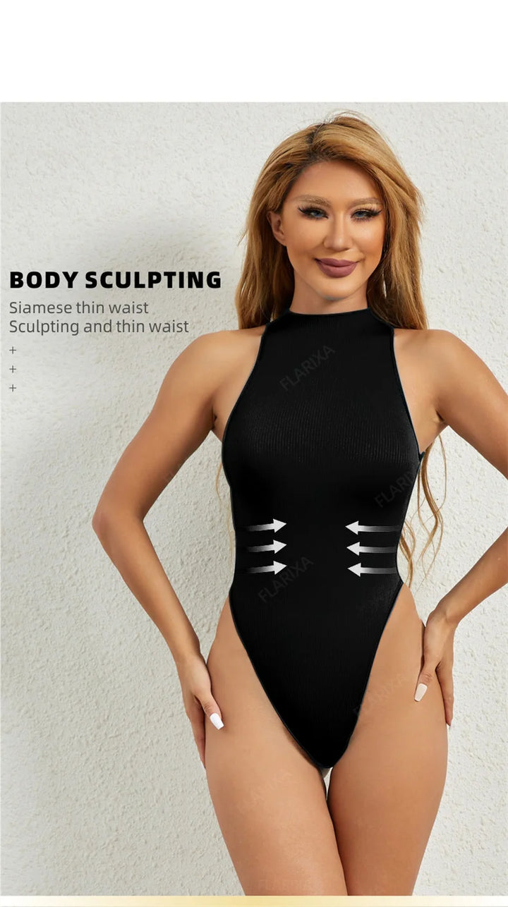 Flarixa Seamless Tummy Control Shapewear Women Thong Fajas Body Shaper High Collar Sleeveless Bodysuits Slimming Lingerie